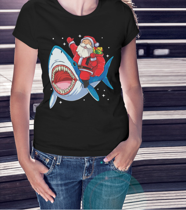 Funny Santa Riding Shark Christmas Holiday Cheer T-Shirt