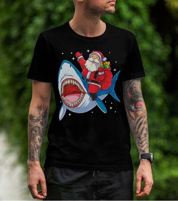 Funny Santa Riding Shark Christmas Holiday Cheer T-Shirt