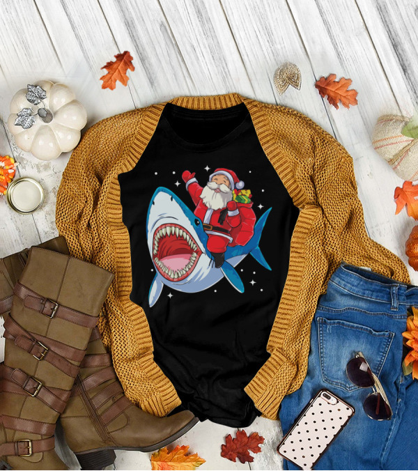 Funny Santa Riding Shark Christmas Holiday Cheer T-Shirt