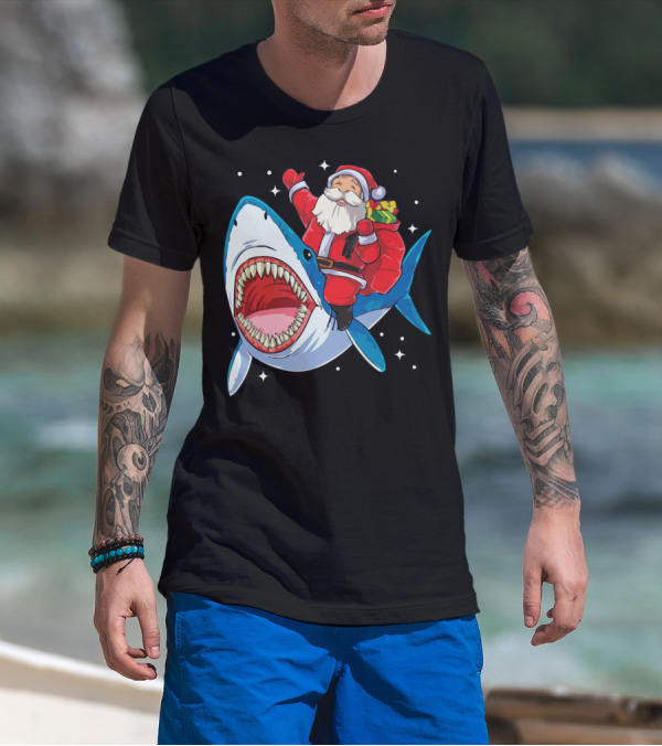 Funny Santa Riding Shark Christmas Holiday Cheer T-Shirt