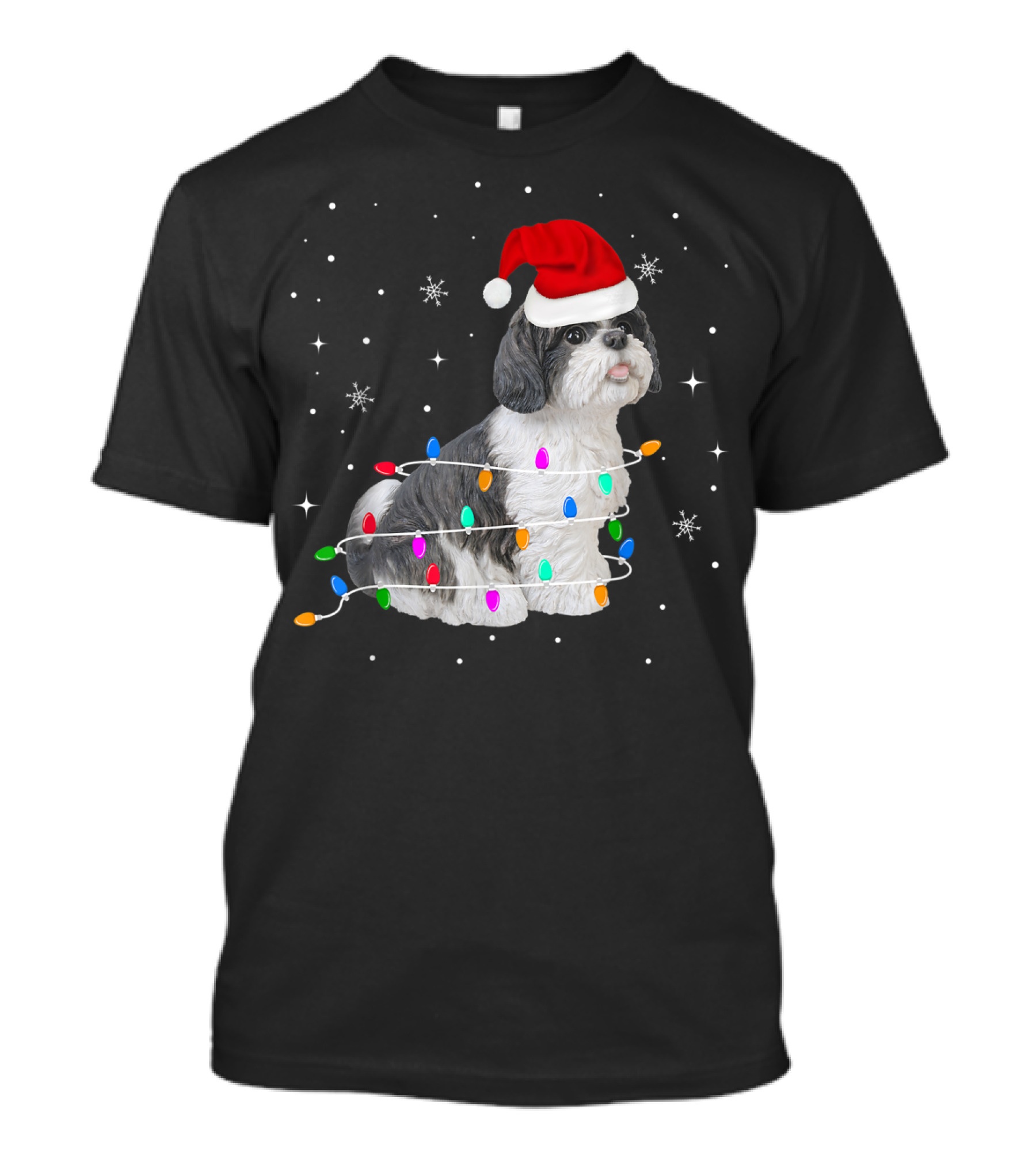 Shih Tzu Wrapped In Christmas Lights With Santa Hat And Snowflakes T-Shirt