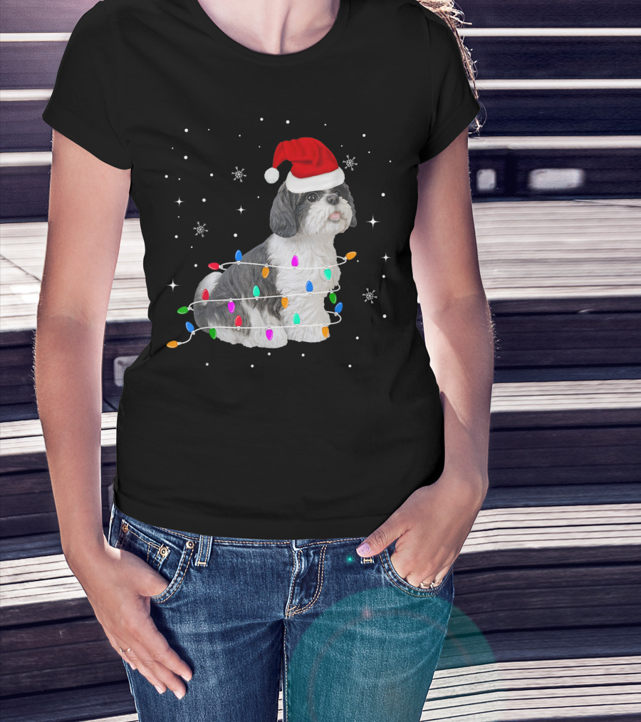 Shih Tzu Wrapped In Christmas Lights With Santa Hat And Snowflakes T-Shirt