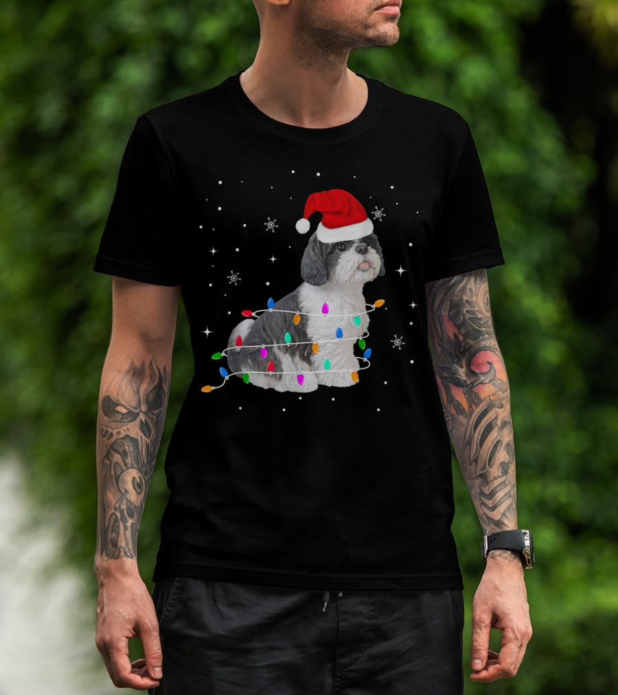 Shih Tzu Wrapped In Christmas Lights With Santa Hat And Snowflakes T-Shirt