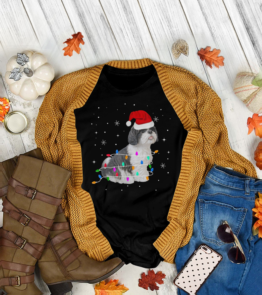 Shih Tzu Wrapped In Christmas Lights With Santa Hat And Snowflakes T-Shirt