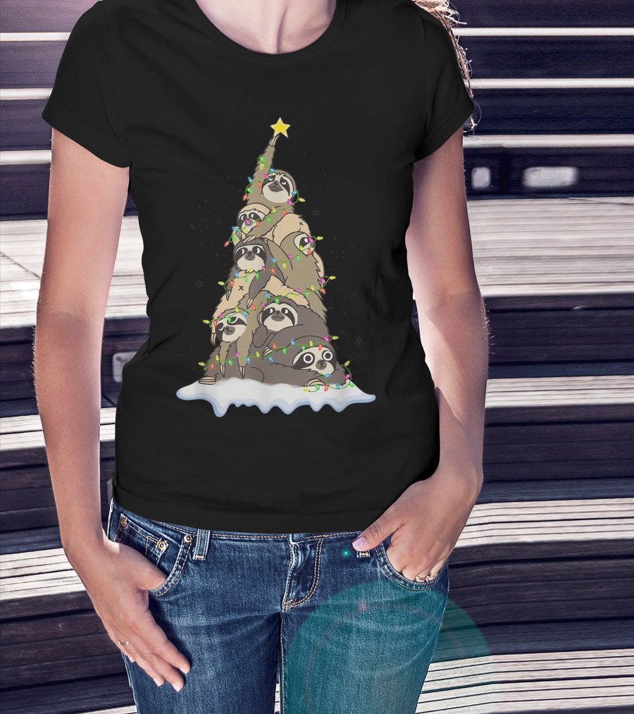Funny Christmas Tree With Cute Sloth Lover T-Shirt