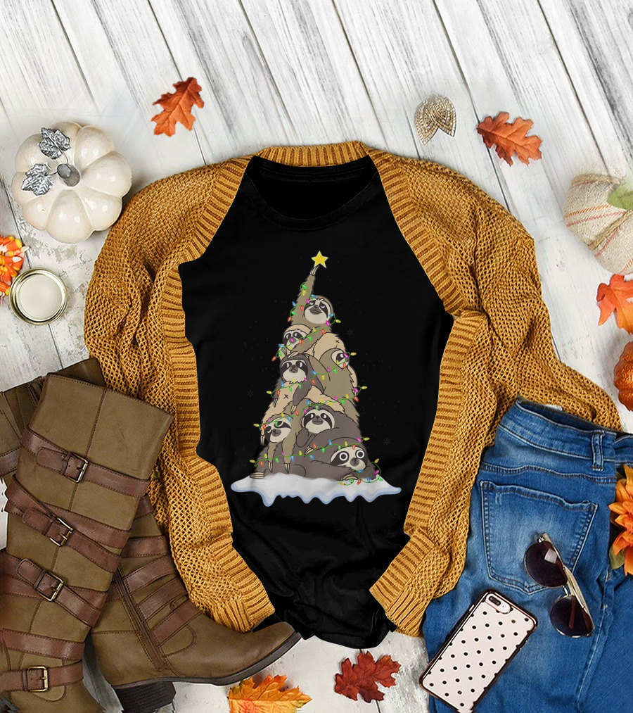 Funny Christmas Tree With Cute Sloth Lover T-Shirt