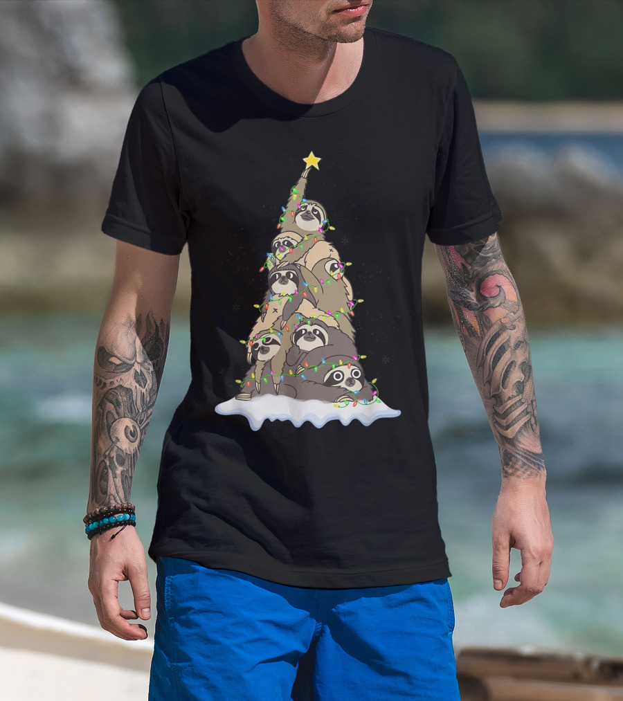 Funny Christmas Tree With Cute Sloth Lover T-Shirt