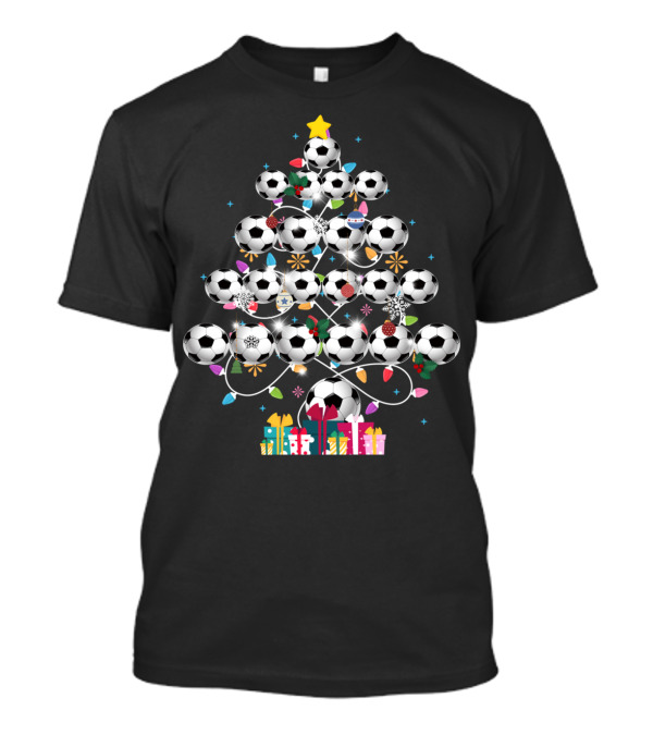Funny Soccer Christmas Tree Balls Decorated With Lights And Gifts T-Shirt