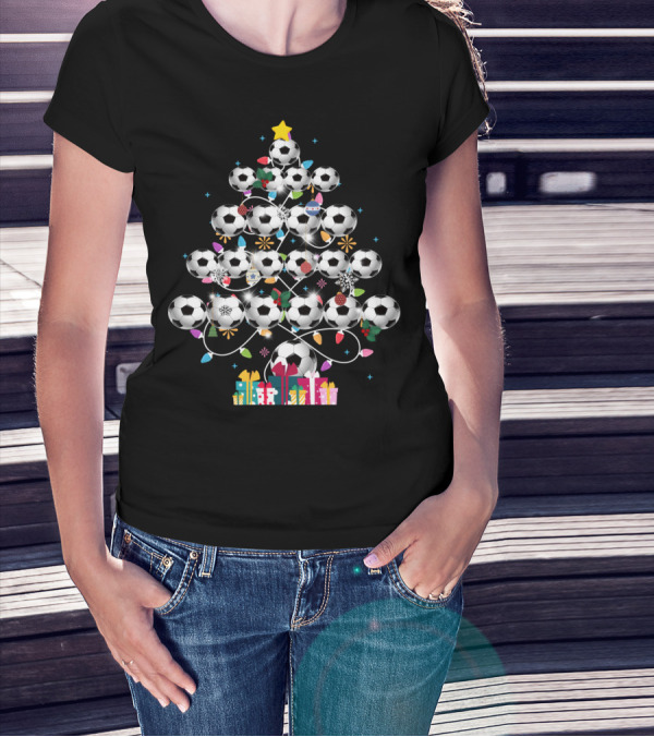 Funny Soccer Christmas Tree Balls Decorated With Lights And Gifts T-Shirt