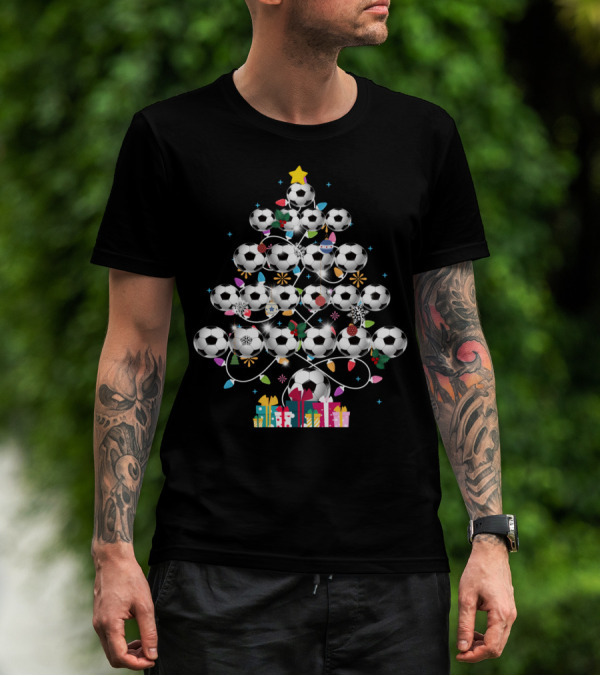 Funny Soccer Christmas Tree Balls Decorated With Lights And Gifts T-Shirt