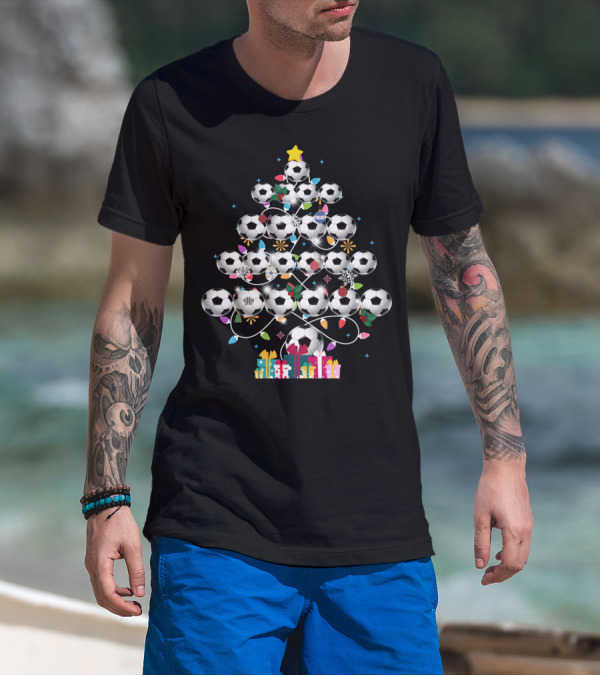 Funny Soccer Christmas Tree Balls Decorated With Lights And Gifts T-Shirt
