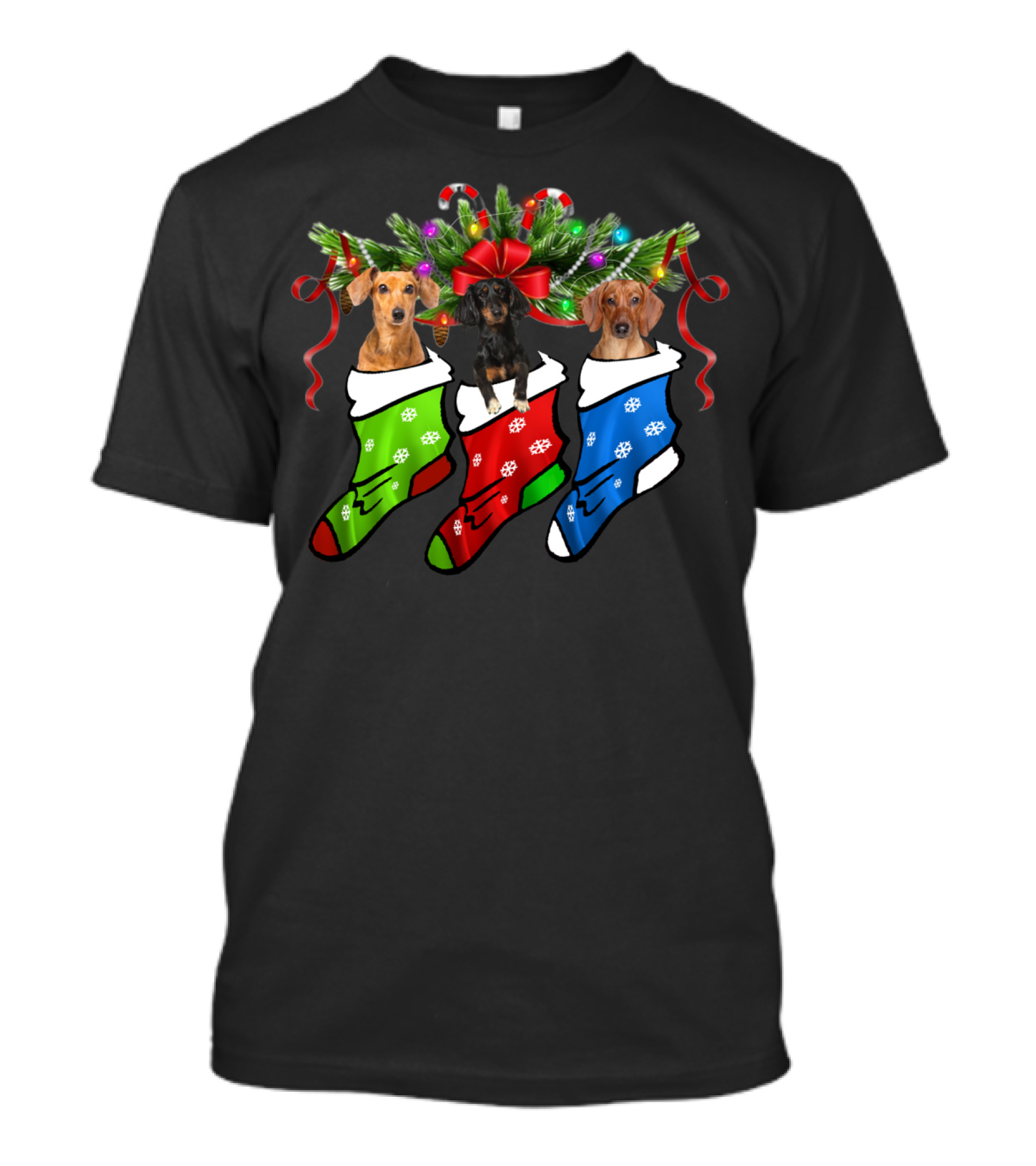 Funny Three Dachshund In Christmas Stocking Socks T-Shirt