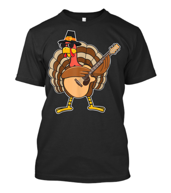 Thanksgiving Turkey Rocking Guitar With Pilgrim Hat T-Shirt