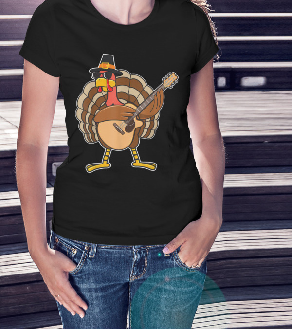 Thanksgiving Turkey Rocking Guitar With Pilgrim Hat T-Shirt