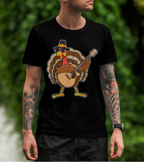 Thanksgiving Turkey Rocking Guitar With Pilgrim Hat T-Shirt