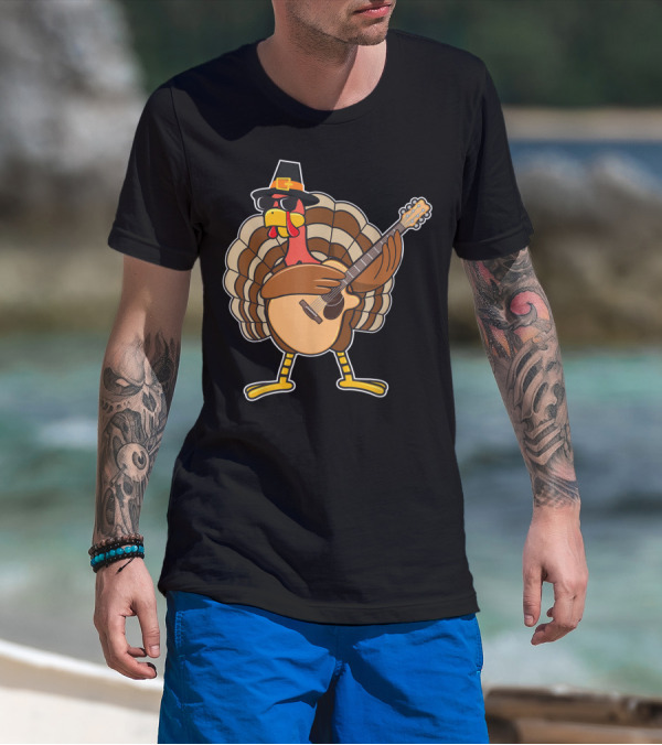 Thanksgiving Turkey Rocking Guitar With Pilgrim Hat T-Shirt