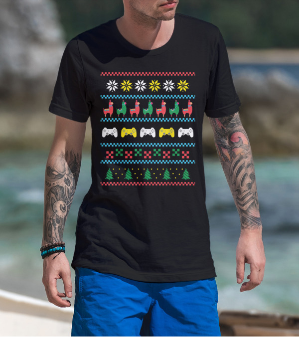 Ugly Merry Gamer Gaming Games Console Christmas Llama T-Shirt
