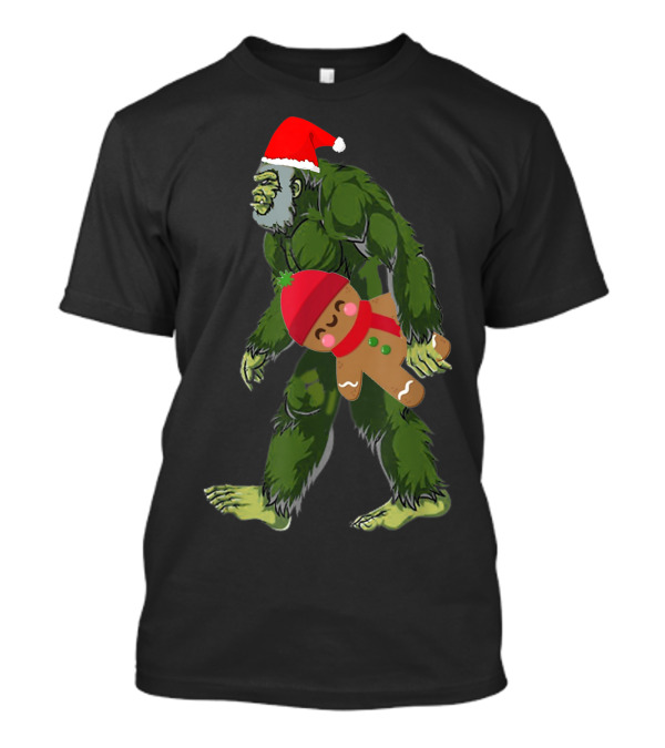 Christmas Bigfoot With Gingerbread Man And Santa Hat T-Shirt