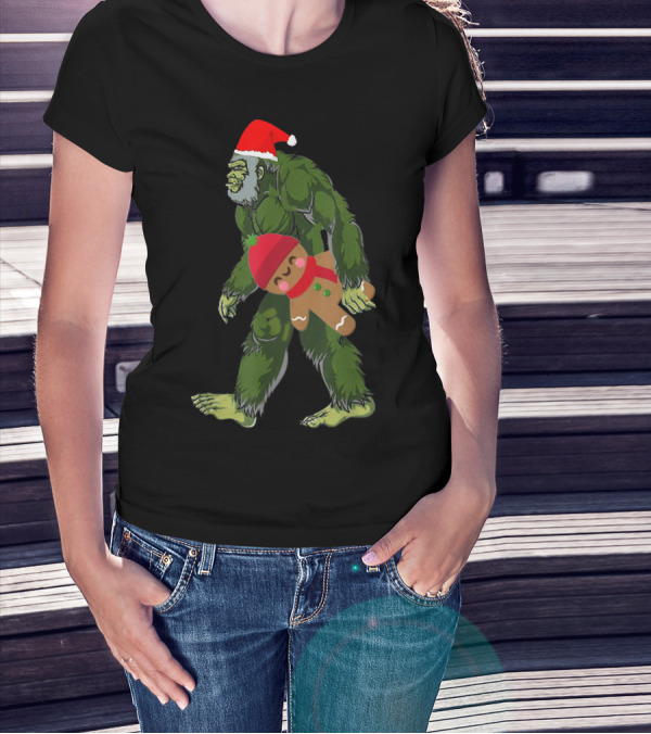 Christmas Bigfoot With Gingerbread Man And Santa Hat T-Shirt