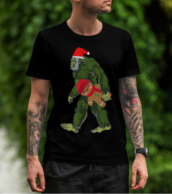 Christmas Bigfoot With Gingerbread Man And Santa Hat T-Shirt