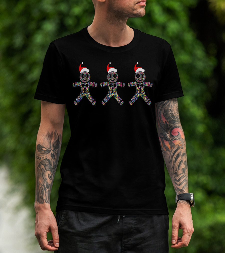 Three Gingerbread Men With Santa Hats Festive Christmas Cookies T-Shirt
