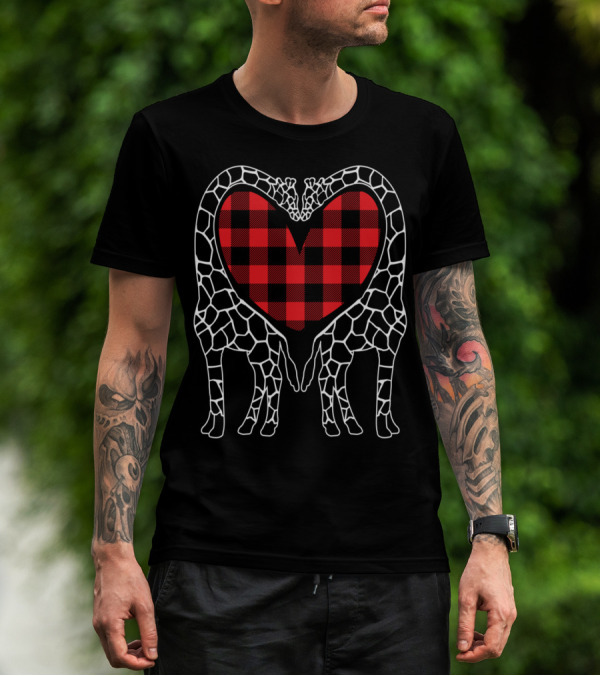Buffalo Plaid Heart With Giraffe Lovers Christmas T-Shirt