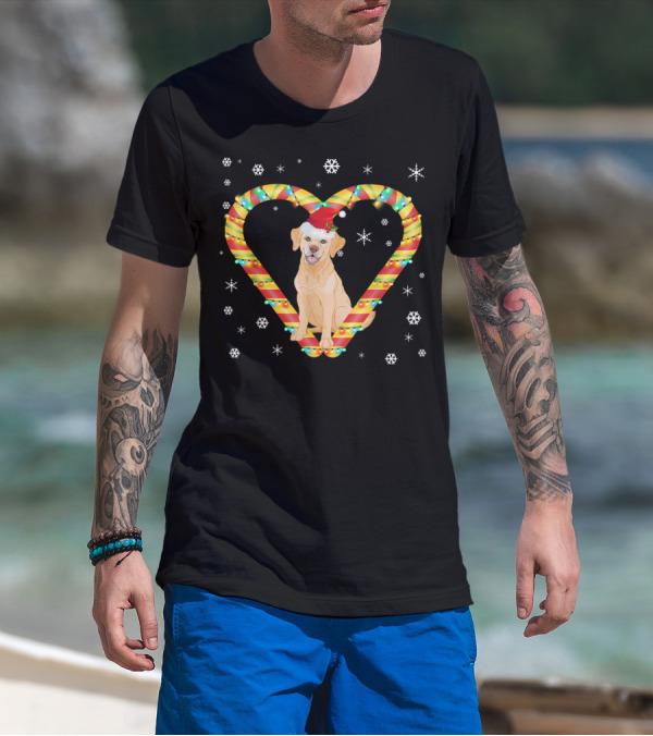 Golden Retriever Santa Hat Candy Cane Heart Snowflakes T-Shirt