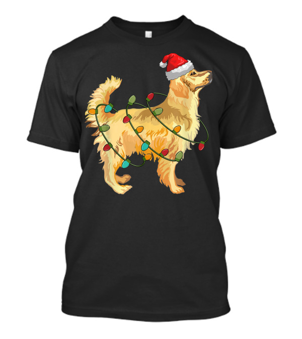 Golden Retriever Wrapped In Christmas Lights Santa Hat T-Shirt