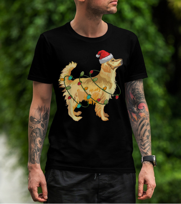 Golden Retriever Wrapped In Christmas Lights Santa Hat T-Shirt