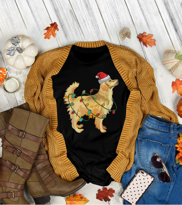 Golden Retriever Wrapped In Christmas Lights Santa Hat T-Shirt