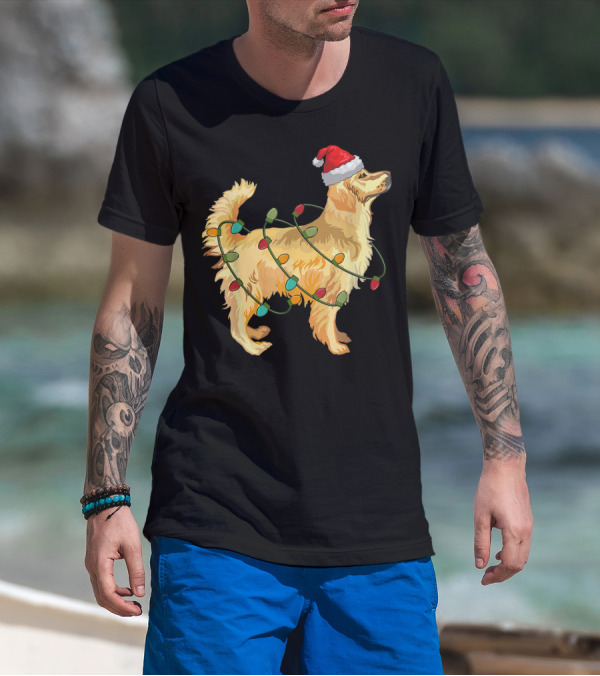 Golden Retriever Wrapped In Christmas Lights Santa Hat T-Shirt
