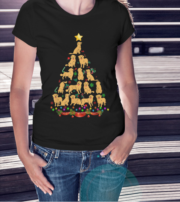 Golden Retriever Dog Christmas Tree Lights Star Decorations T-Shirt