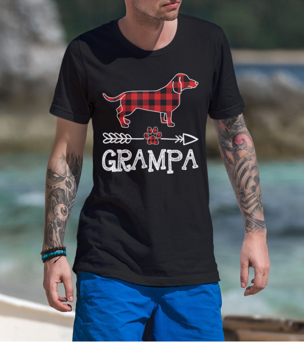 Grampa Red Plaid Dachshund With Arrow And Paw Prints T-Shirt