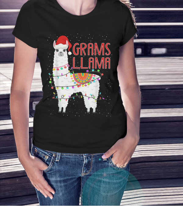Grams Llama Christmas Santa Hat And Lights T-Shirt