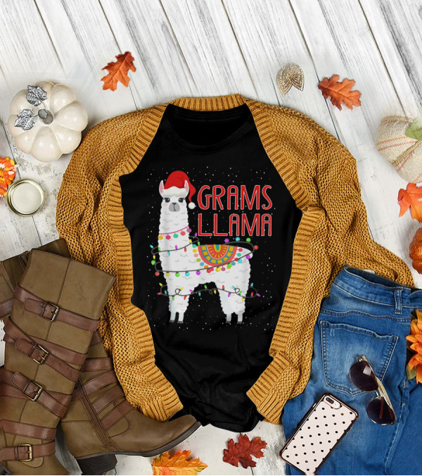 Grams Llama Christmas Santa Hat And Lights T-Shirt
