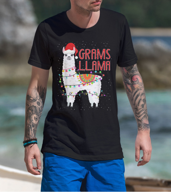 Grams Llama Christmas Santa Hat And Lights T-Shirt