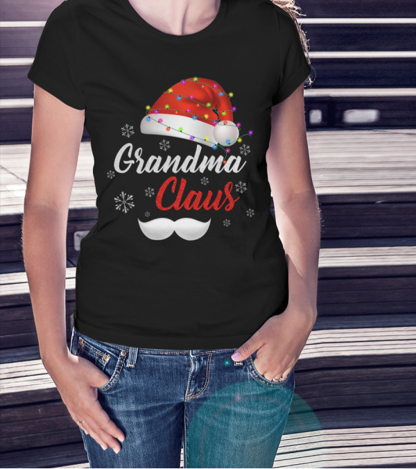 Grandma Claus Santa Hat With Lights And Snowflakes T-Shirt