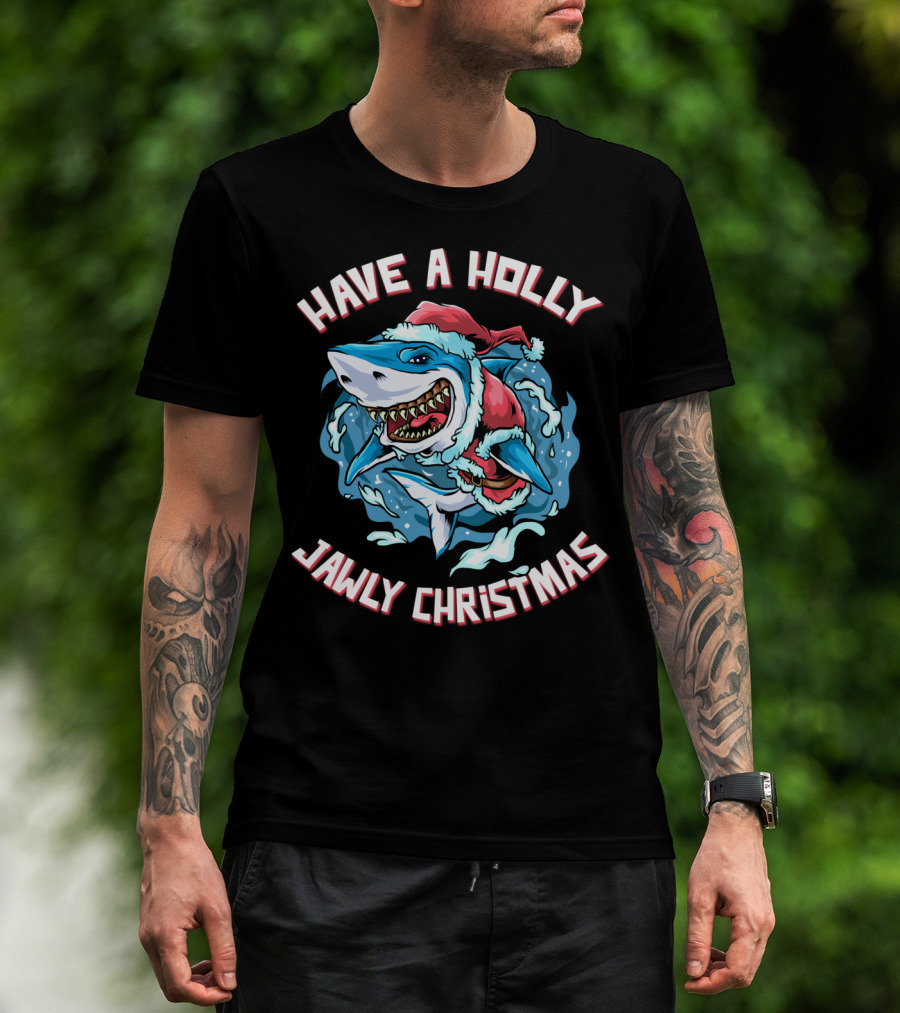 Have A Holly Jawly Christmas Shark In Santa Hat T-Shirt