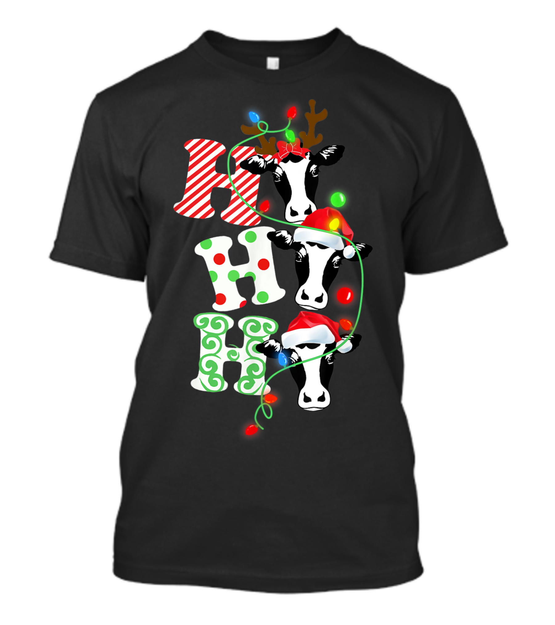 Heifer Hohoho Christmas Funny Merry Cow Reindeer Lights Santa Hat T-Shirt