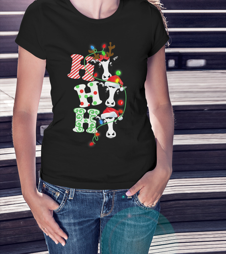Heifer Hohoho Christmas Funny Merry Cow Reindeer Lights Santa Hat T-Shirt
