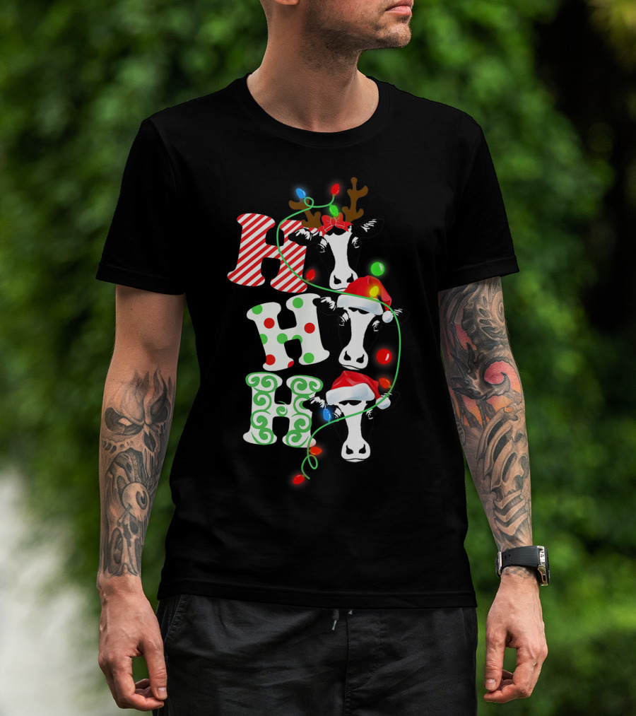 Heifer Hohoho Christmas Funny Merry Cow Reindeer Lights Santa Hat T-Shirt