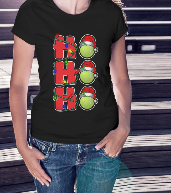 Ho Ho Ho Santa Hat Tennis Christmas Lights Decor T-Shirt