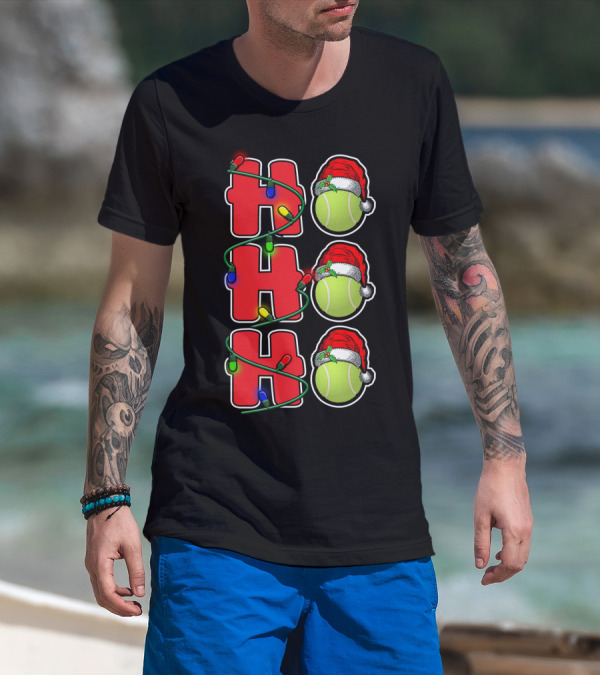 Ho Ho Ho Santa Hat Tennis Christmas Lights Decor T-Shirt