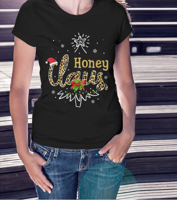 Honey Claus Leopard Christmas Star Snowflakes Santa Hat T-Shirt