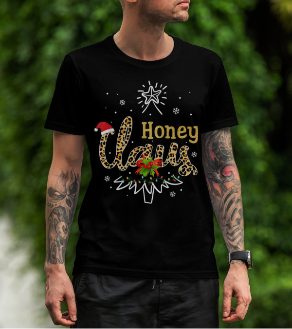 Honey Claus Leopard Christmas Star Snowflakes Santa Hat T-Shirt