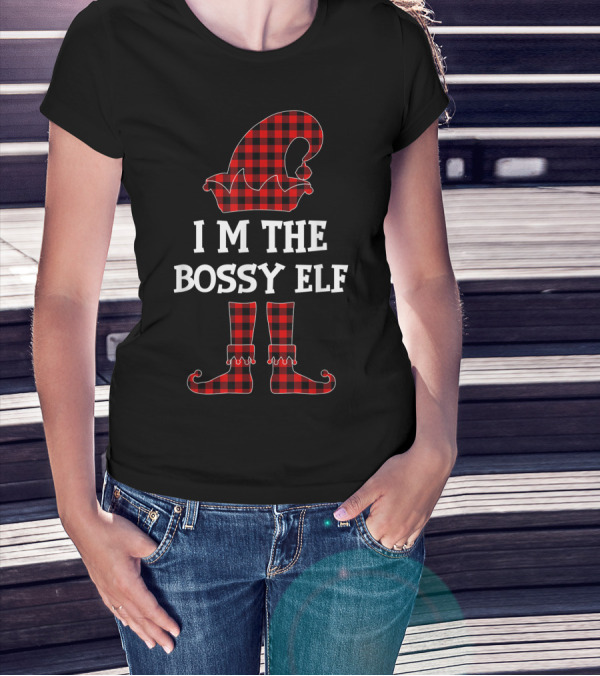 I Am The Bossy Elf Red Plaid Hat And Boots Christmas Humor T-Shirt