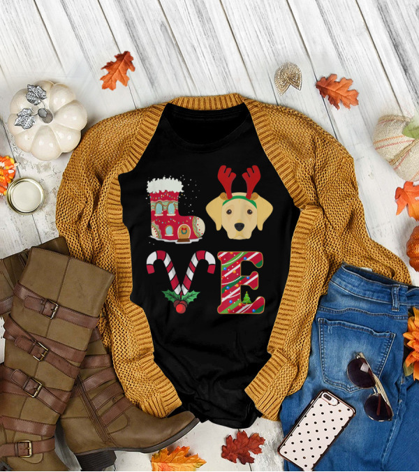 Love Christmas Labrador With Festive Candy Canes And Reindeer Antlers T-Shirt