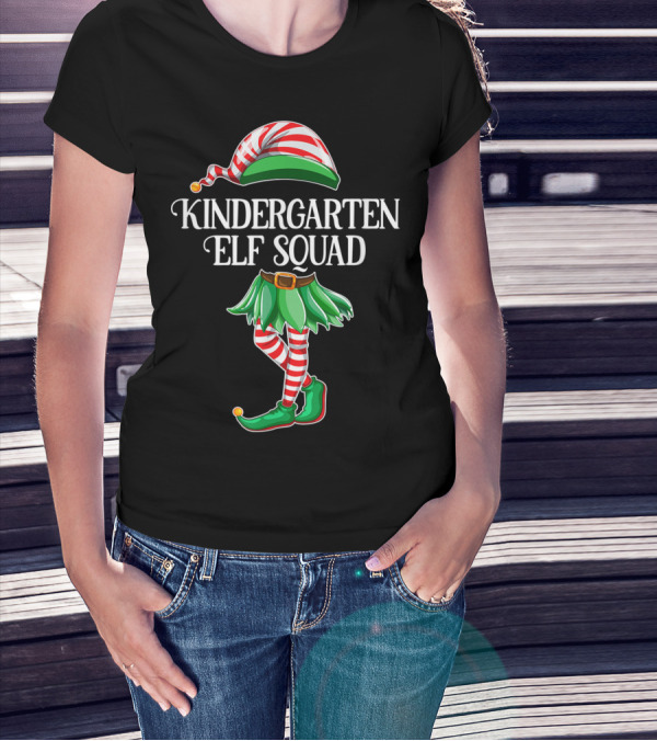 Kindergarten Elf Squad Christmas Costume Striped Tights And Hat T-Shirt