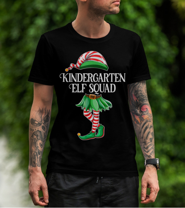 Kindergarten Elf Squad Christmas Costume Striped Tights And Hat T-Shirt
