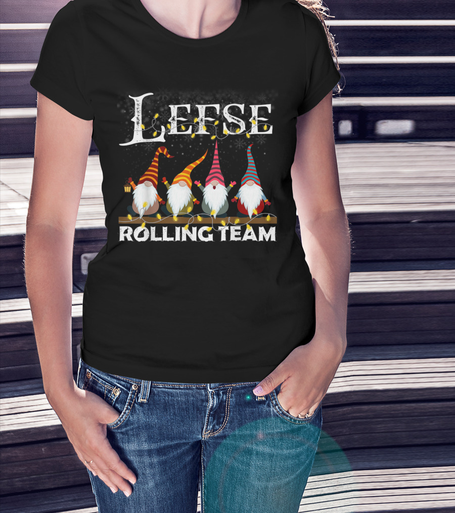 Lefse Rolling Team Gnome Xmas Festive Merry Christmas Lights T-Shirt